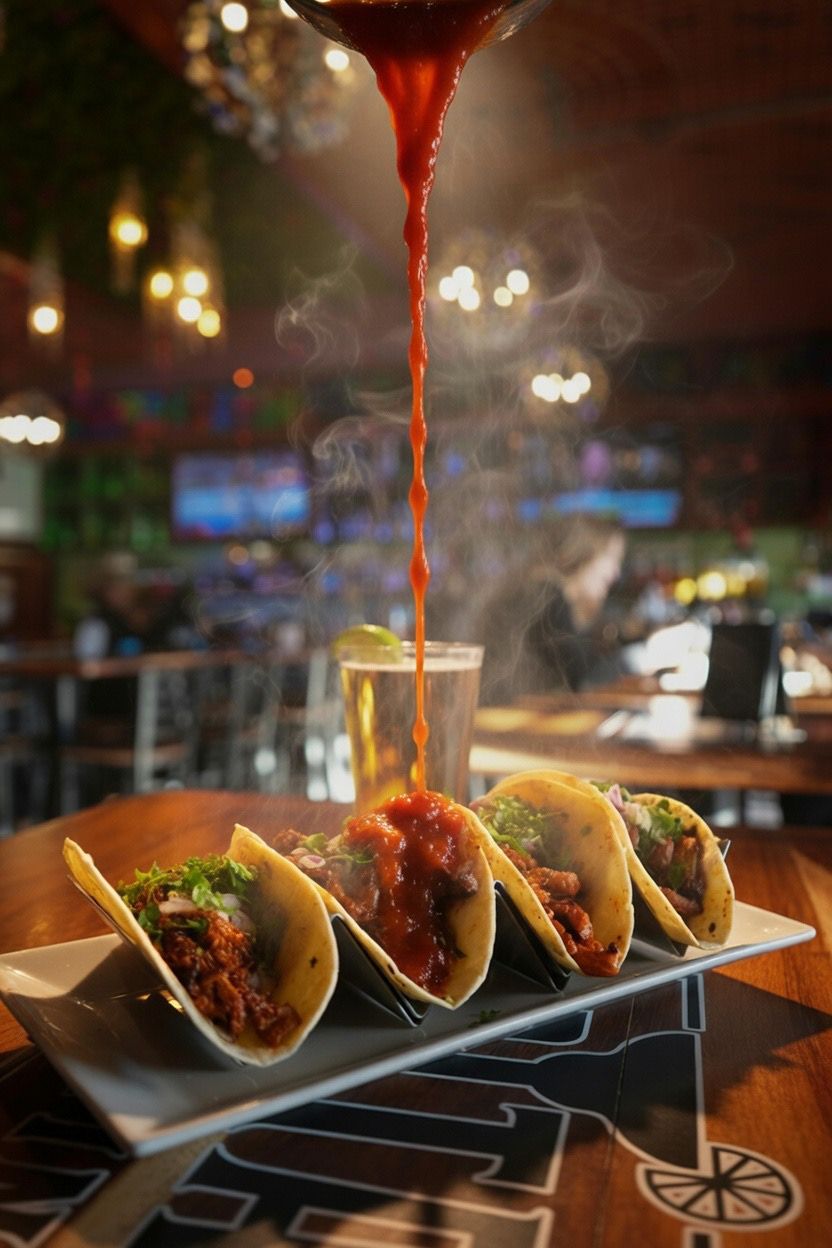 Salsa poured over a row of tacos